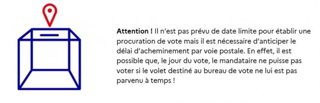 Il n'est pas prévu de date limite pour établir une procuration de vote mais il est nécessaire d'anticiper le délai d'acheminement par voie postale.